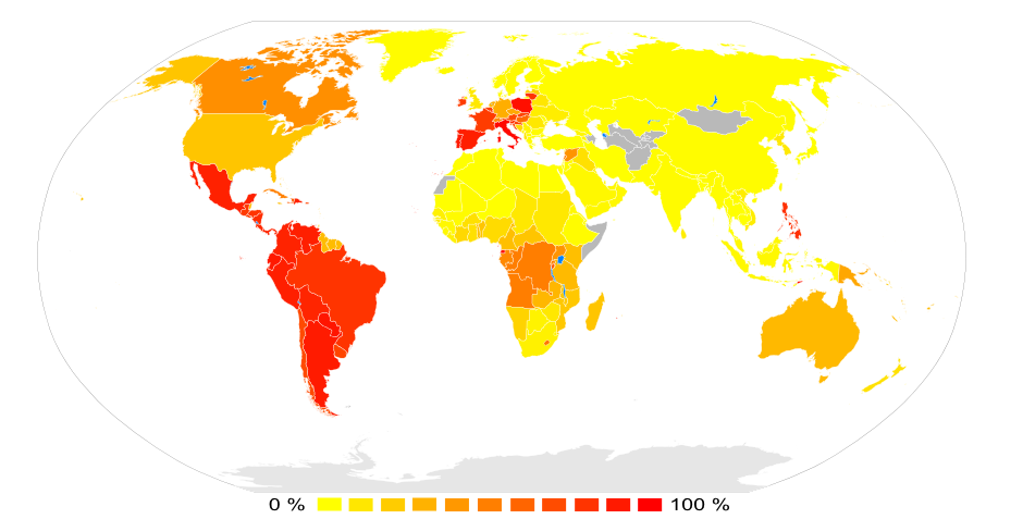 Porcentaje de católicos en los diferentes países 
(Colores aproximados).